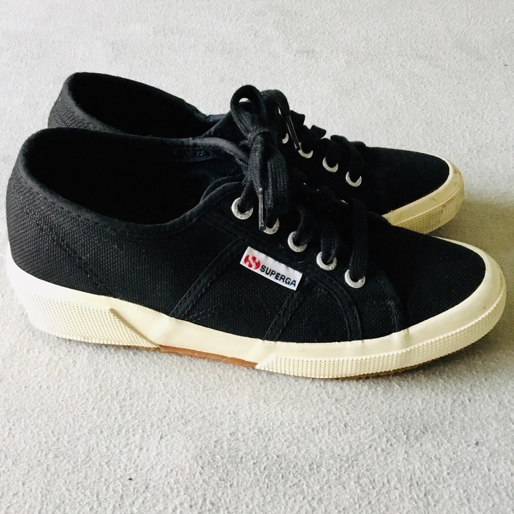 Superga Italian Sneakers Low Top Black Canvas Lace Up, 7.5
